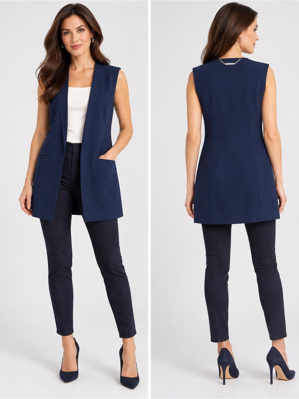 White House Black Market Navy Sleeveless Longline Vest